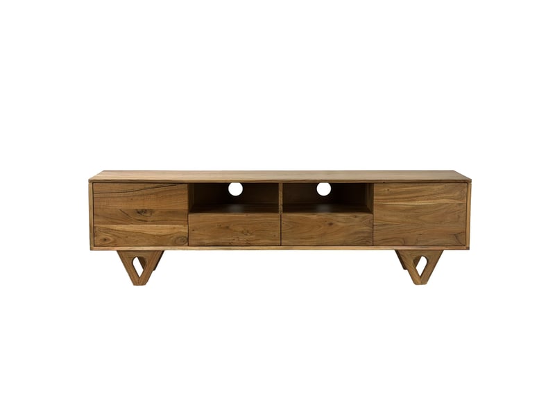 Finebuy meuble tv bas en bois massif d'acacia 160cm - meuble tv avec portes, tiroirs et compartiments ouverts - meuble tv avec passe-câbles - commode tv moderne  - Conforama A