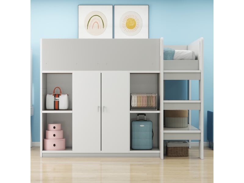Lit mezzanine avec armoire et rangements, bois gris, 90x200 cm, échelle et étagères intégrées - Conforama B