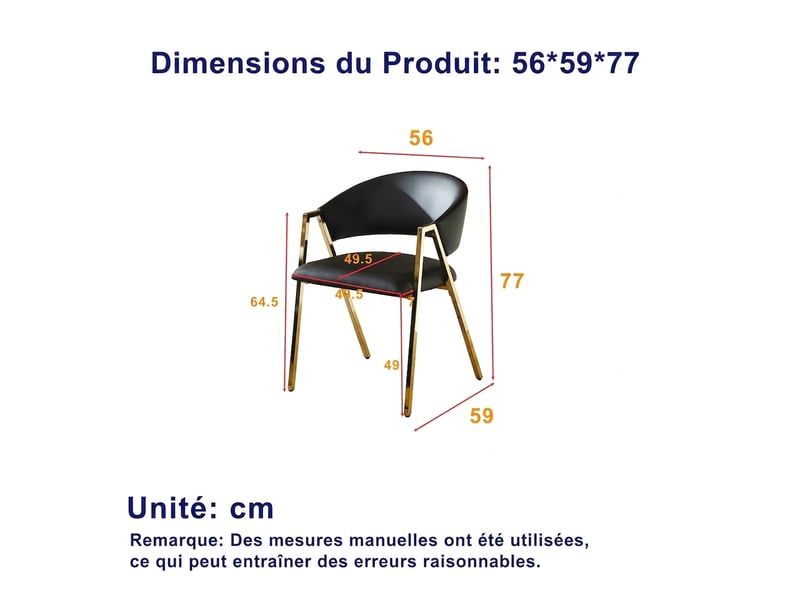  Lot de 2 chaises de salle à manger, chaises en similicuir noir avec pieds dorés, style contemporain pour salon et salle à manger.  - Conforama C