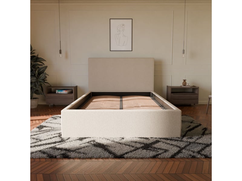 Lit coffre 160x200cm avec tête - beige - tissu bouclé - emma - Conforama B