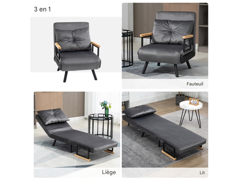  Fauteuil convertible dossier inclinable noir et naturel 63 x 73 x 81 cm  - Conforama D