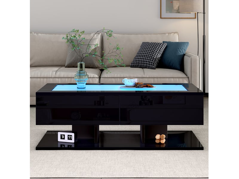  Table basse tcqpz 100 x 50 x 35 cm avec 2 tiroirs led plateau en verre trempé noir  - Conforama B