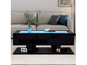 Table basse tcqpz 100 x 50 x 35 cm avec 2 tiroirs led plateau en verre trempé noir