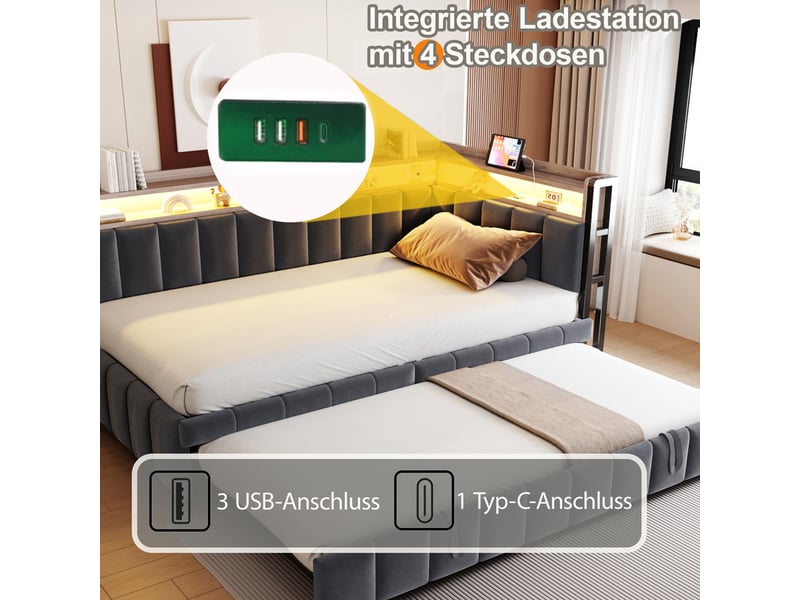  Lit rembourré 90 x 200 cm avec lit gigogne, led, rangements tête et pied, ports usbusb-c, velours gris foncé  - Conforama E