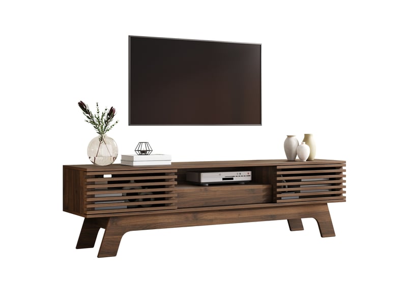  Meuble tv bas 150x35x44 cm – noyer – en mdf, 2 portes, 1 tiroir et passe-câbles pour salon moderne  - Conforama A