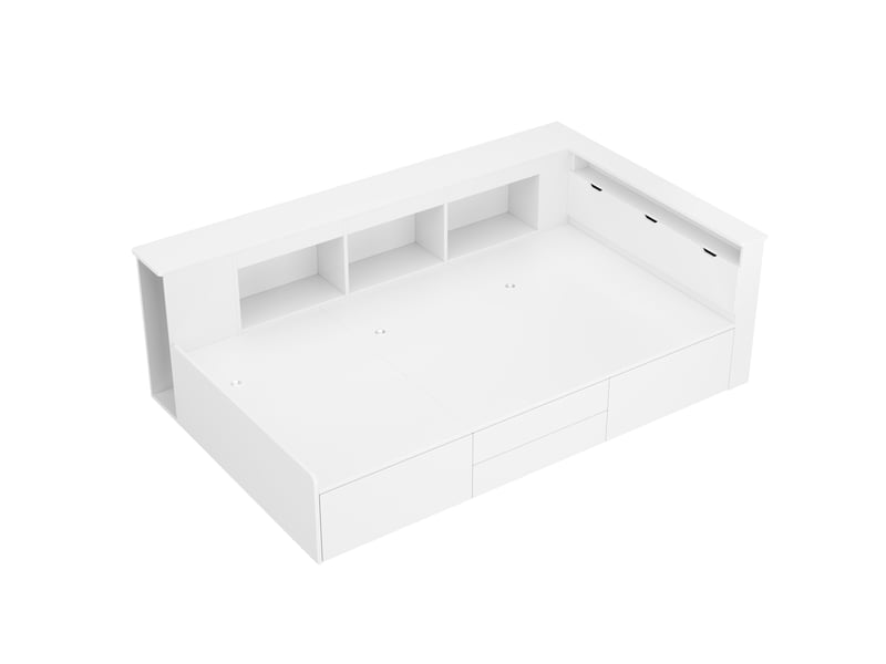  Lit enfant, 90 x 200 cm, lit simple, lit enfant multifonctionnel avec tiroirs, étagère et armoire de rangement, coffre de lit avec espace de rangement, sans matelas, blanc  - Conforama E