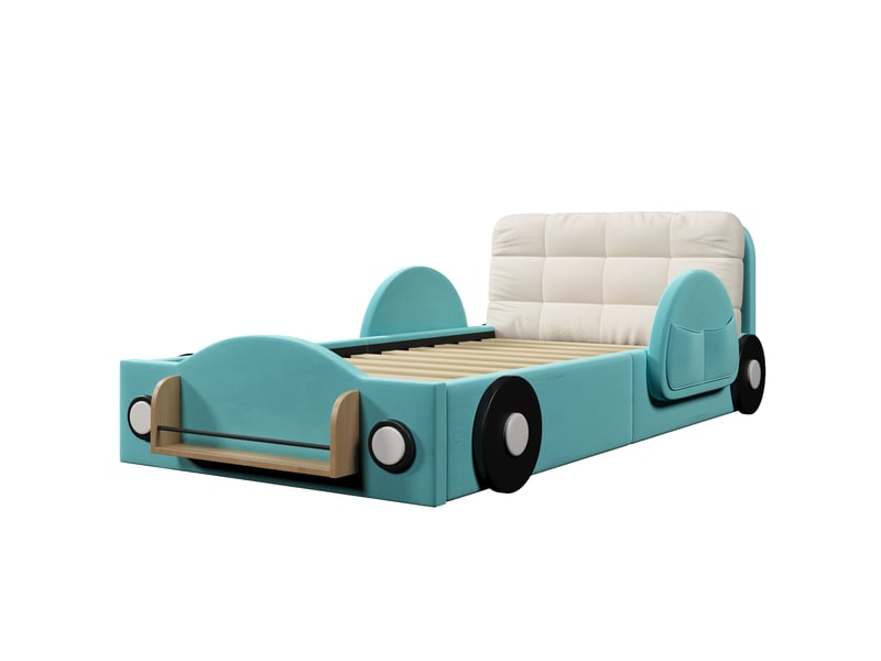  Lit d'enfant 90 x 200, rangement hydraulique, poches latérales et étagères, velours, bleu  - Conforama E