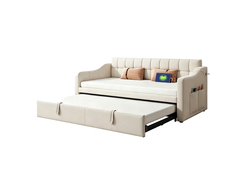  Lit gigogne 90x190 cm - lit banquette convertible 2 en 1 - usb - sommier bois et métal - beige  - Conforama A
