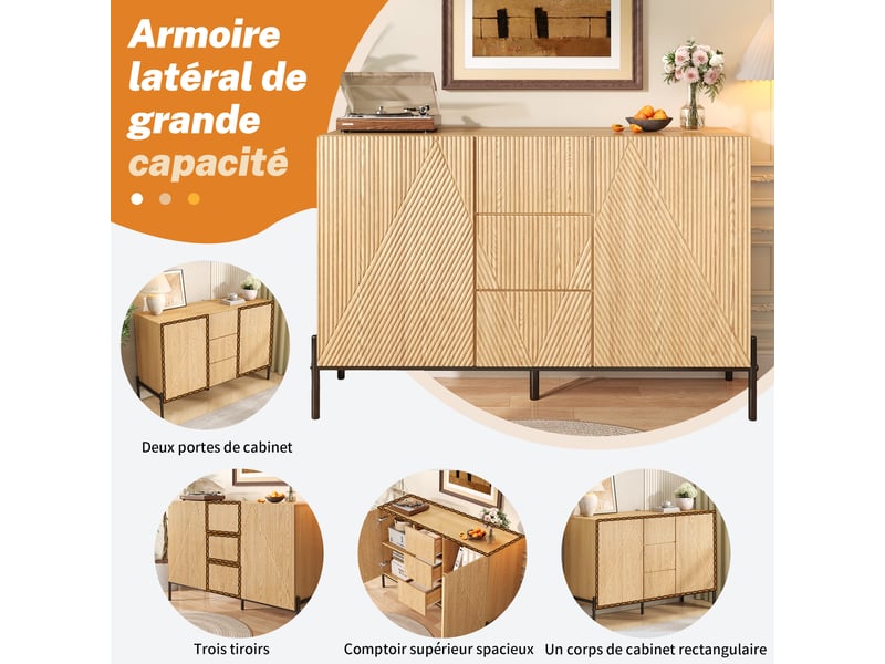  Buffet 2 portes avec tiroir central et pieds en métal - lpospi - façade géométrique mdf naturel 115,5 × 40 × 76 cm  - Conforama E