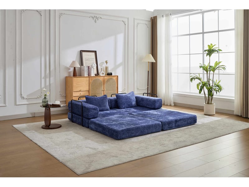 Canapé convertible au sol 2 places modulable, sans montage, avec accoudoirs rabattables en chenille bleu foncé - Conforama D