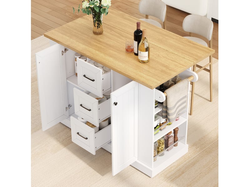 Îlot de cuisine mobile 120x4570x90 cm, plateau rabattable, 3 tiroirs, roulettes verrouillables, mdf, blanc - Conforama D