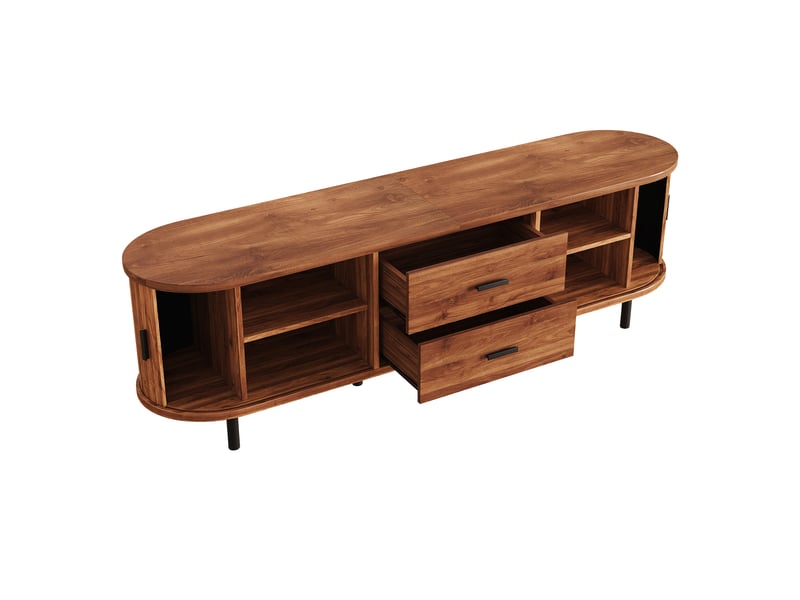  Meuble tv avec 2 portes coulissantes, 2 tiroirs, extrémités arrondies et pieds métalliques pour salon 150×40×55 cm  - Conforama E