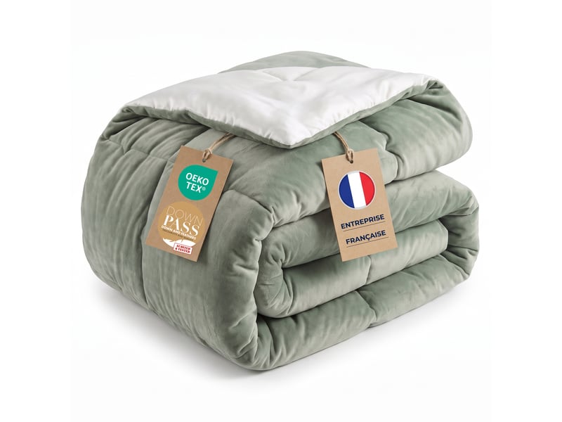  Flandria couette douce réversible polaire, chaude et moelleuse, garnissage 350gsm, 240x260cm, sauge et microfibre blanche  - Conforama A