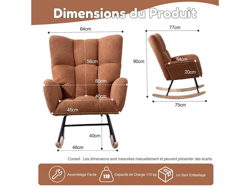  Fauteuil à bascule en tissu bouclette, chaise d'allaitement marron avec poche latérale, base en bois massif, 65x77x90 cm  - Conforama C