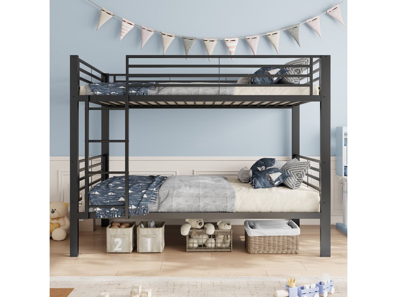  Lit superposé 90x200 cm en métal, robuste jusqu'à 350 kg, avec échelle réversible gauchedroite, sommier inclus, structure silencieuse - noir  - Conforama D