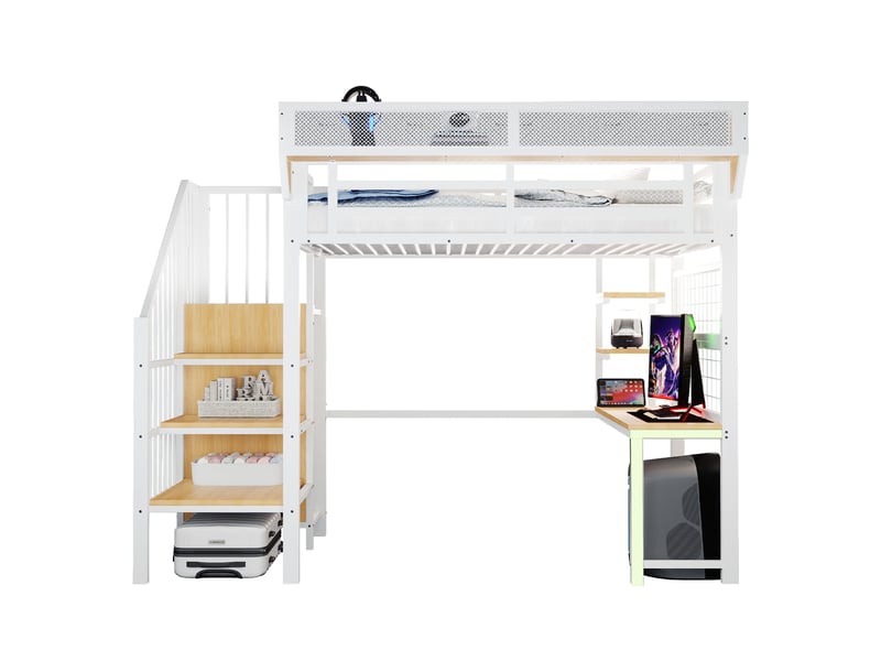  Lit mezzanine enfant 90×200 cm avec bureau, étagères, led et prises - sans matelas, métal - blanc  - Conforama A