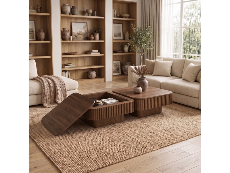  Table basse carrée avec rangement caché, mdf plaqué bois, coloris noyer, 75 x 75 x 35 cm  - Conforama D