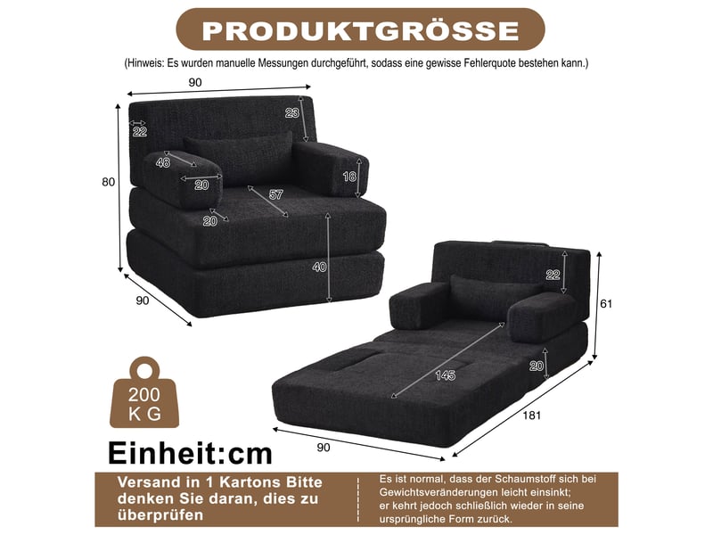  Canapé-lit convertible 1 place 2 en 1-chauffeuse pliable modulable-chenille-lit d'appoint-cadre métal-petit espace-gris  - Conforama D