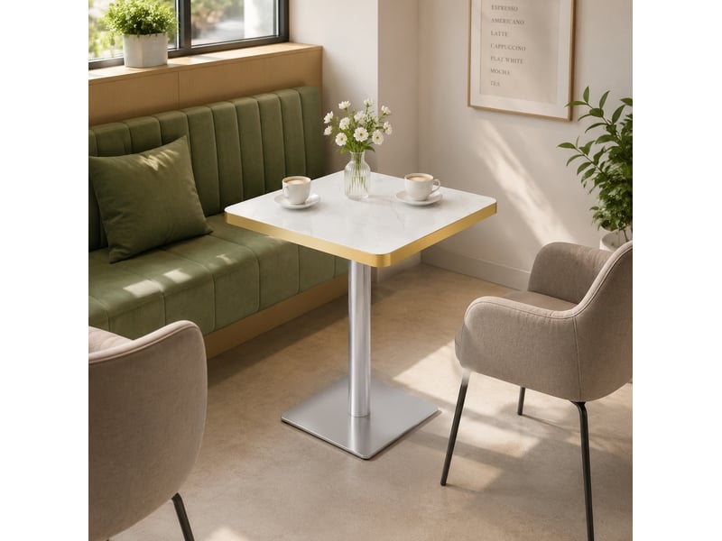 Table de salle à manger carrée pour 2 à 4 personnes, piètement métal, aspect marbre blanc 60 × 60 × 74 cm - Conforama E