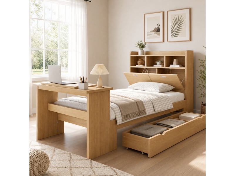  Lit enfant 90x200 cm rangement et table rabattable en bois coloris naturel  - Conforama D