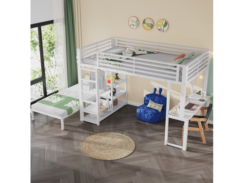 Lit mezzanine 90 × 200 cm avec lit coulissant, bureau, prise usb et type-c, étagères et rangement vêtements blanc  - Conforama E