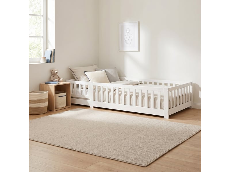 Lit enfant montessori 90x200 cm, lit simple, lit au sol avec barrières et sommier, bois, blanc - Conforama D