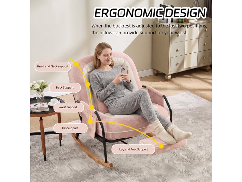  Fauteuil à bascule surdimensionné pour terrasse avec repos-pieds, poche latérale, coussin rembourré, dossier réglable, rose  - Conforama W