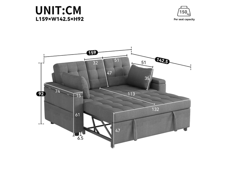 Canapé convertible 2 places 140x90x86,5 cm avec fonction lit, dossier réglable 3 positions, rangement intégré, poches latérales, coussins, tissu effet lin - gris - Conforama D