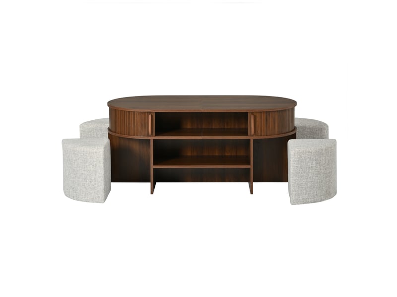 Table basse ovale de rangement avec panneaux rainurés verticaux, ensemble table basse avec tabourets en tissu, structure en aggloméré et mdf, poignées en métal, table basse avec portes coulissantes sur le devant. - Conforama E