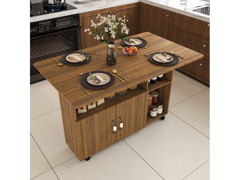  Table à manger pliante mobile 110 x 70 cm, 5 étagères, roulettes, noyer clair  - Conforama D