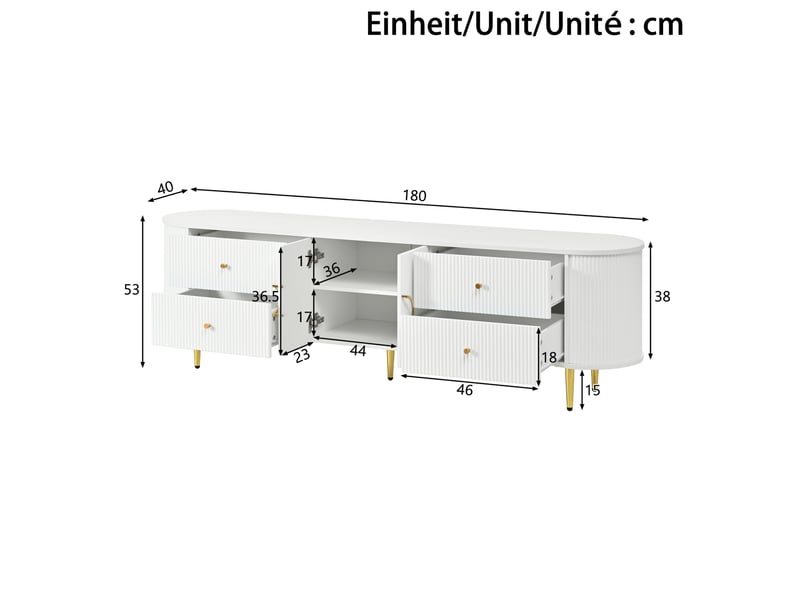  Meuble tv blanc,avec structure ondulée tridimensionnelle, bords arrondis, tiroirs et portes doubles, passe-câble  - Conforama C