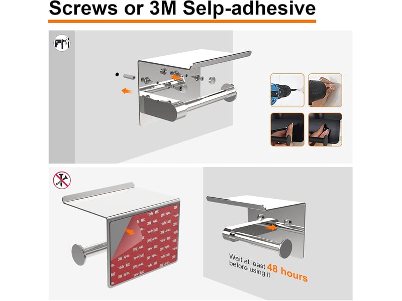  Porte papier toilette, support papier toilette mural | 304 acier inoxydable porte rouleau toilette, installation avec vis ou auto-adhésif, argent  - Conforama E