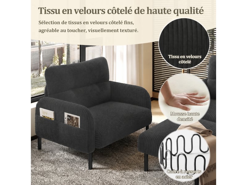 Ensemble canapé fauteuil et pouf en velours côtelé, 4 places, gris  - Conforama E