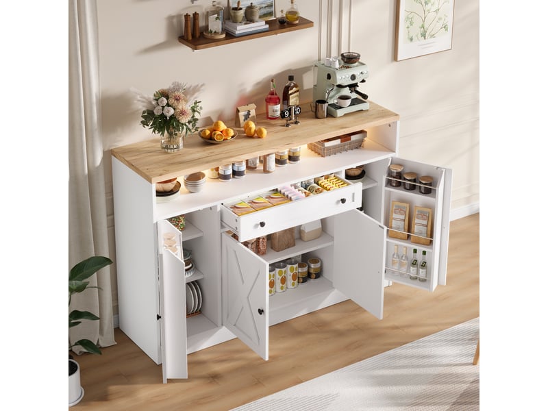  Buffet de cuisine 140x35x95 cm - éclairage led - grand rangement - commande par application - 4 portes - avec tiroirs - mdf - vaisselier - blanc CozyNest - Conforama C
