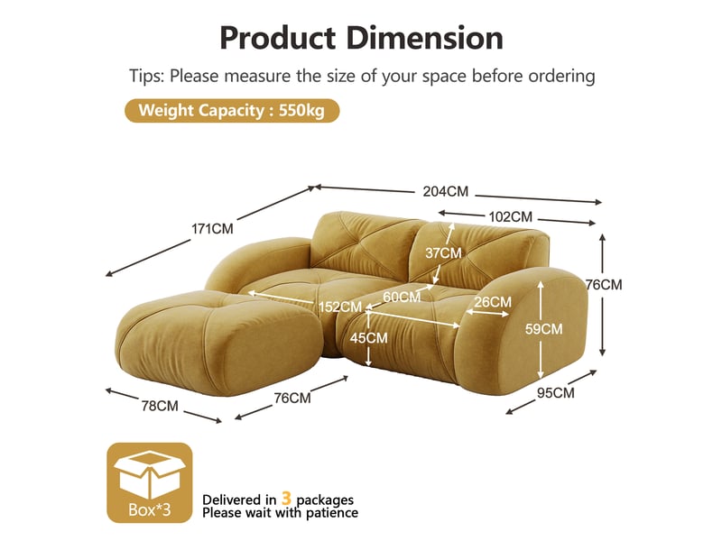 Canapé modulaire 2 places avec pouf, design sans cadre et assise en mousse haute densité, en chenille jaune - Conforama E