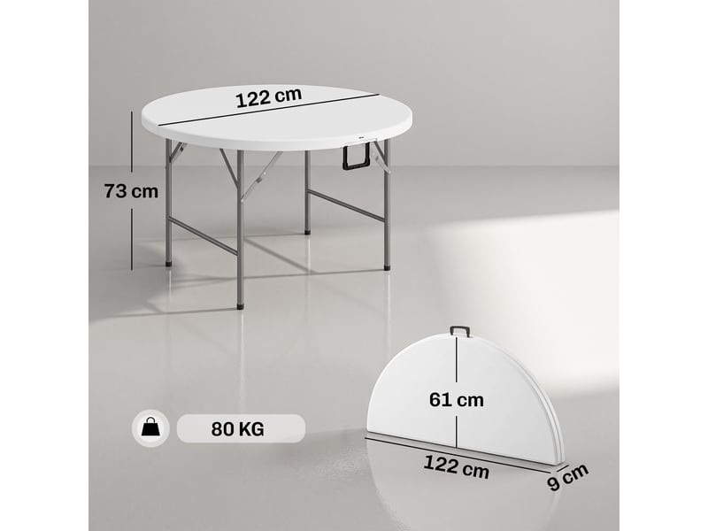 Table d'appoint ronde, table de jardin pliante avec structure en acier et plateau en pehd, capacité de charge 80 kg, ø 122 x 73 cm, blanche - Conforama E