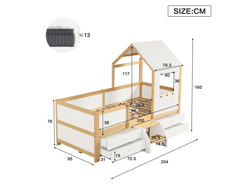 Lit enfant mi-hauteur 90x200 cm maison avec toit, 4 tiroirs et escalier, blanc naturel - Conforama C