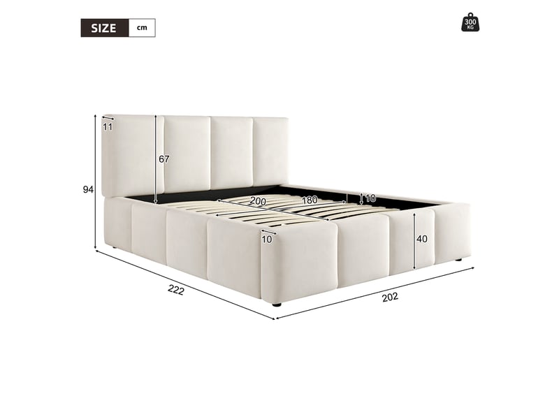 Lit plateforme 180x200 cm beige, tissu chenille, tête de lit rembourrée 11 cm, sommier à lattes inclus, structure anti-glissement - Conforama C
