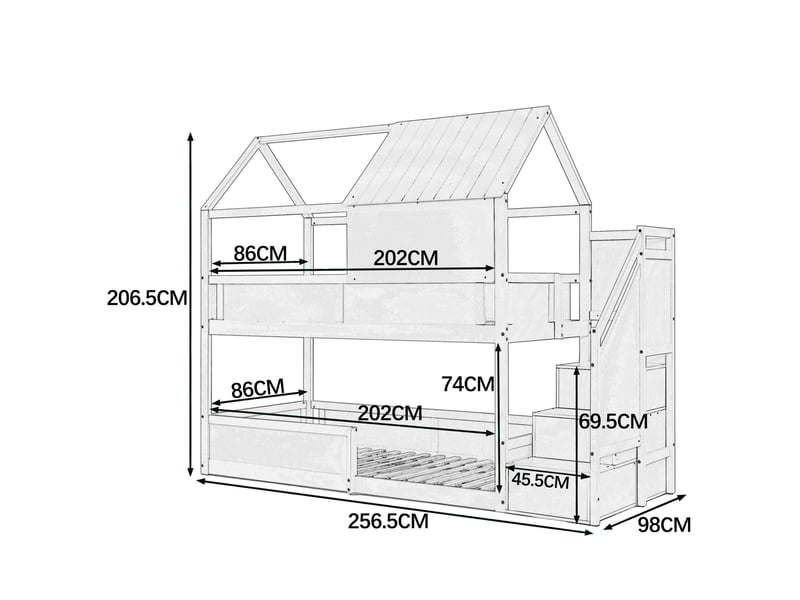 Lit superposé 2 couchages 80 × 200 cm en bois avec toit, barrières et escalier pour chambre d'enfant, blanc - Conforama C
