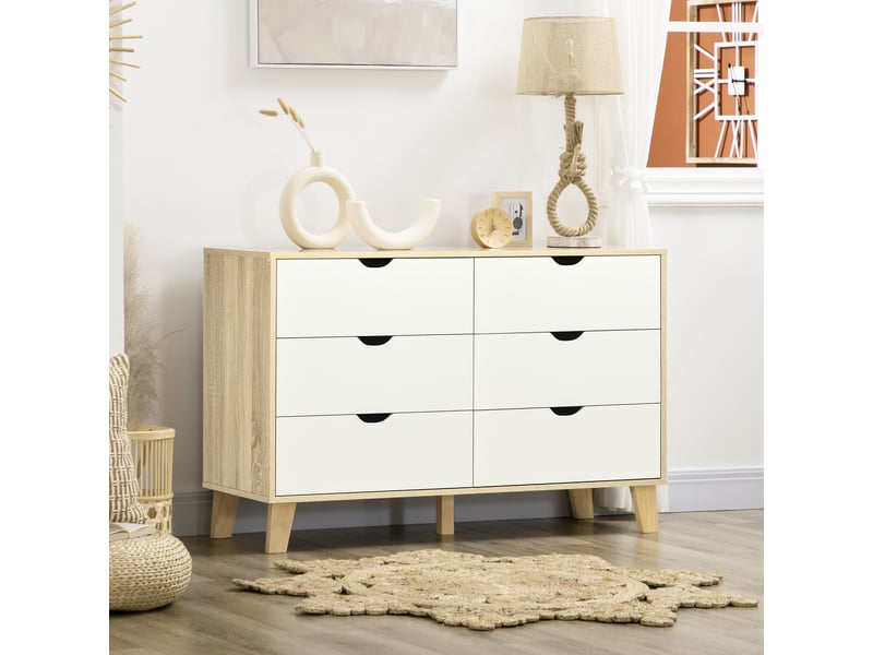  Commode à 6 tiroirs avec poignées en bois sculpté, 120 x 40 x 76 cm, blanc et chêne  - Conforama D