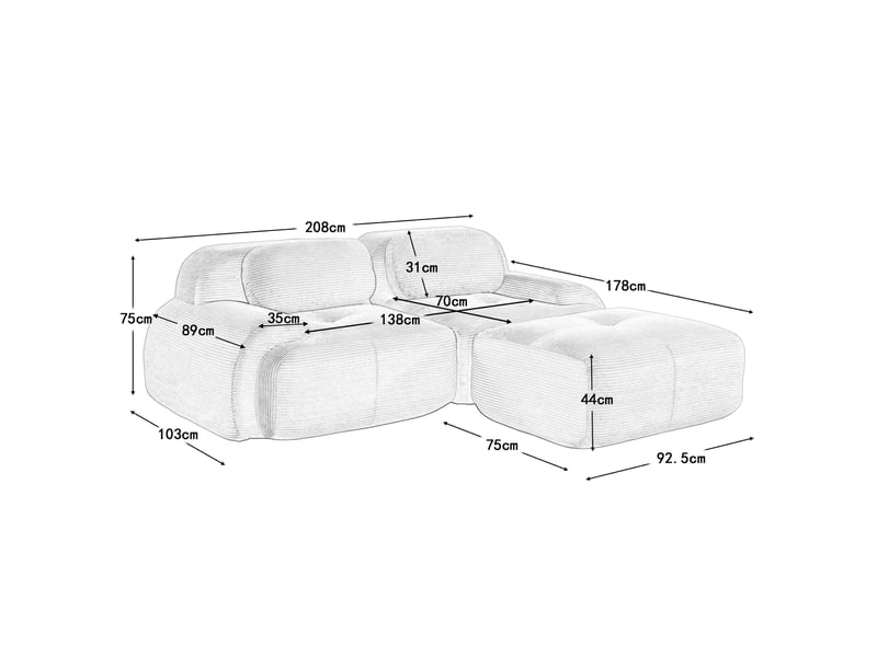  Canapé d'angle 2 places 208cm en velours côtelé noir - modulable,confort hautement élastique,accoudoirs galbés,base anti-dérapant 208x178x75cm - Conforama E
