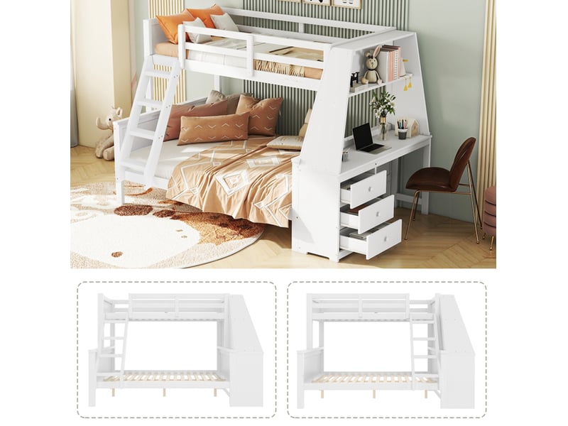  Modenvie lit superposé enfant 90x200 cm + 140x200 cm - avec bureau, rangements, sans matelas - blanc  - Conforama D