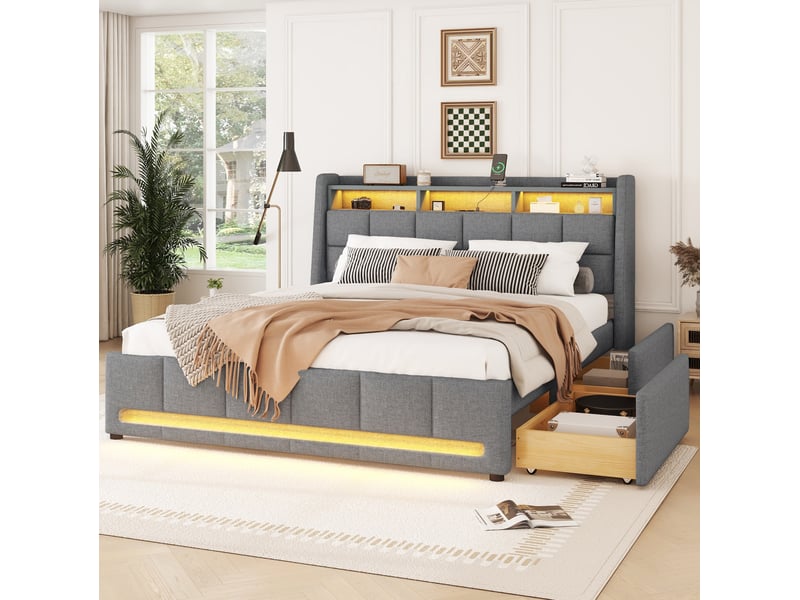  Lit 2 places 140x200 cm avec rangement, led et usb gris  - Conforama D