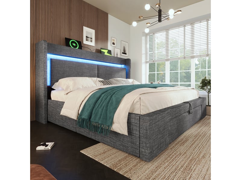  Lit coffre rembourré 90x200 cm avec rangement hydraulique, lit capitonné avec tête de lit à rangement, tiroir au pied, led, usbusb-c, lin, gris Seren Glow - Conforama D