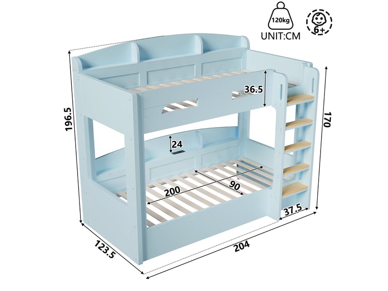  Lit superposé modenvie 90 x 200 cm avec prise usb et étagères latérales bois de pin et mdf bleu clair  - Conforama C