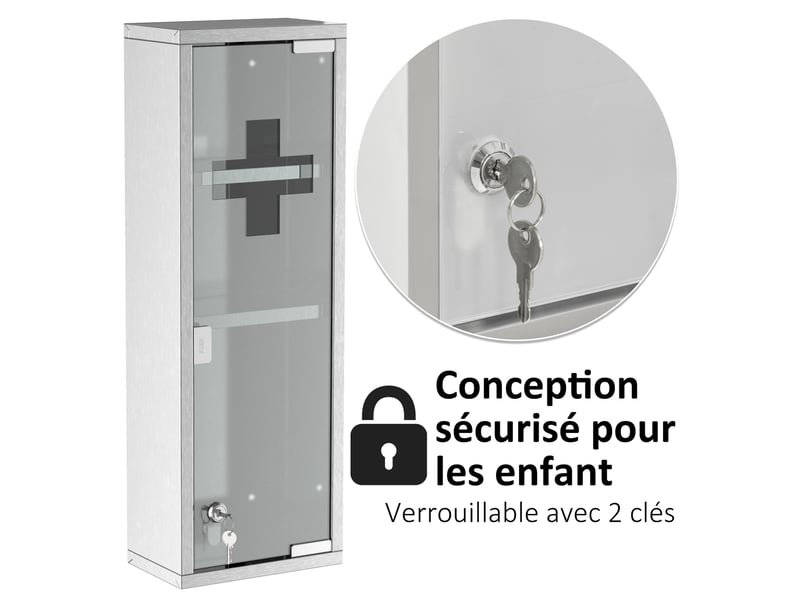 Armoire à pharmacie 2 étagères 3 niveaux 20l x 12l x 58h cm porte trempé verre symbole croix acier inox. - Conforama R