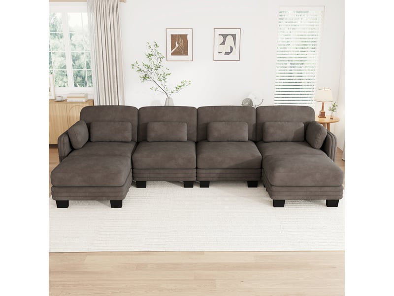 Canapé modulable en u tcqpz 4 places 330 x 143 x 88 cm avec 2 ottomans chenille marron - Conforama E