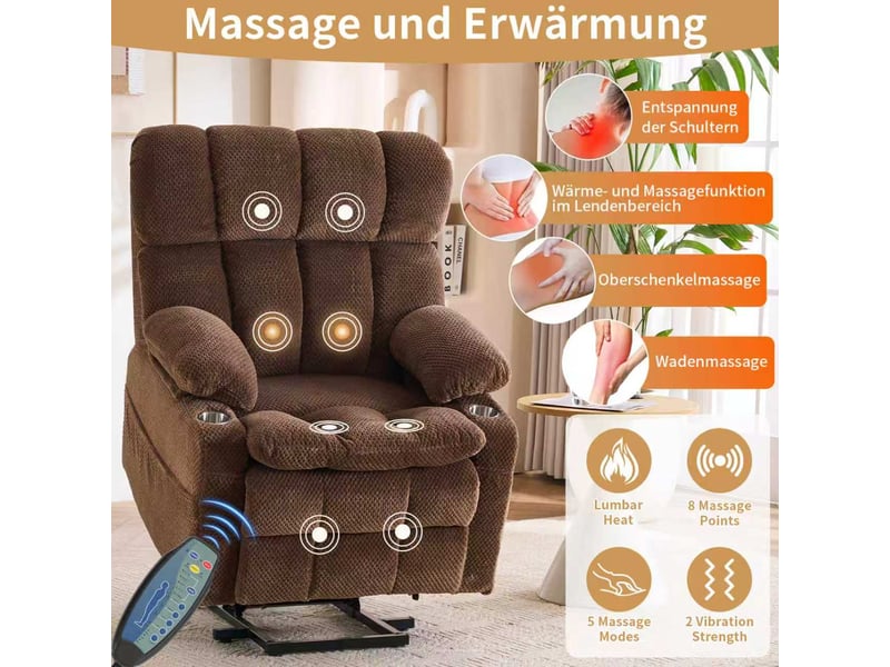 Fauteuil releveur électrique marron, deux moteurs, massage chauffant, dossier inclinable pour salon et lecture - Conforama E