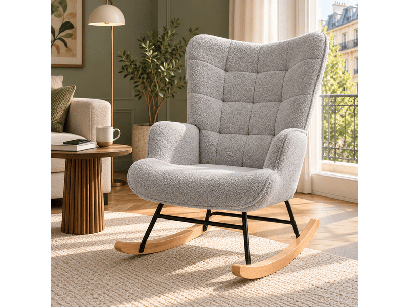  Chaise à bascule, fauteuil a bascule avec polaire sherpa, allaitement fauteuil pour salon, chambre, balcon, gris clair  - Conforama B