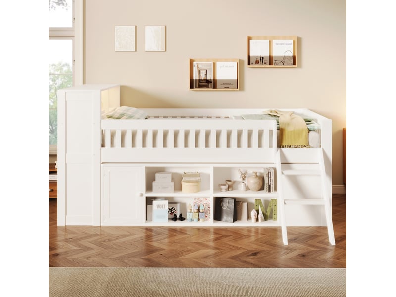Lit mezzanine enfant 120x200 cm avec led et rangements, mdf et pin blanc, sans matelas - Conforama B